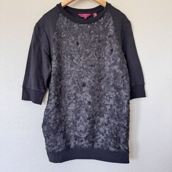 Ted Baker Sequin Panel Sweater 3D Black Size 2 Crewneck New With Tags - Picture 1 of 8
